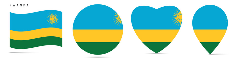 Rwanda waving flag, circle badge, heart shaped, map pin. Flat vector illustration isolated