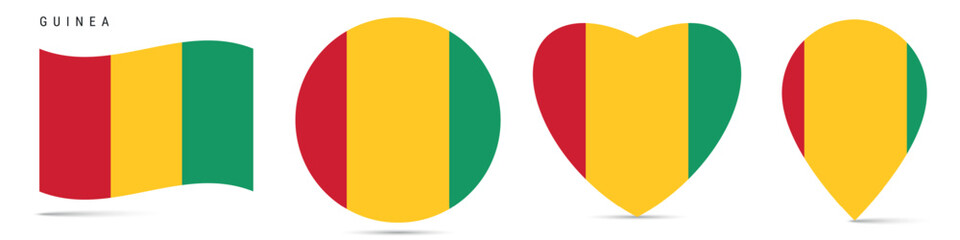 Guinea waving flag, circle badge, heart shaped, map pin. Flat vector illustration isolated