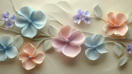 Obraz premium Delicate pastel flowers, meticulously rendered, adorn a gently undulating surface, creating a visually captivating composition that evokes serenity and springtime. 