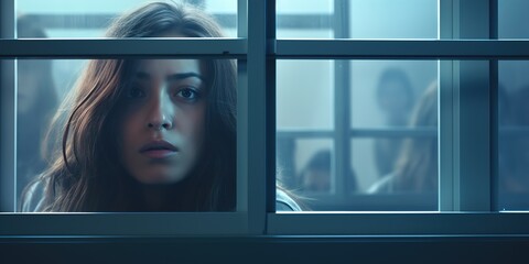 young woman looking through window