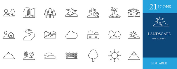 Minimal line icon set of 21 editable vector icons featuring landscape, tree, sun, hill, road, and nature elements. Perfect for travel, outdoor, weather, and eco design