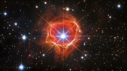 A giant red star casting light on surrounding gas clouds