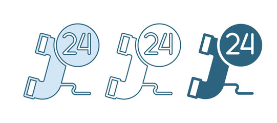 Blue Telephone 24 hours support icon isolated on white background. All-day customer support call-center. Full time call services. Vector