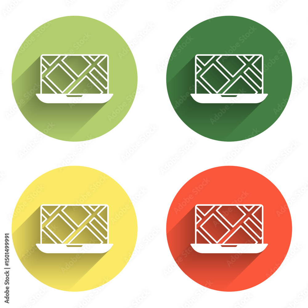 Poster set infographic of city map navigation icon isolated with long shadow background. laptop app interfa