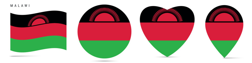 Malawi waving flag, circle badge, heart shaped, map pin. Flat vector illustration isolated