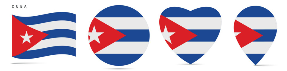 Cuba waving flag, circle badge, heart shaped, map pin. Flat vector illustration isolated