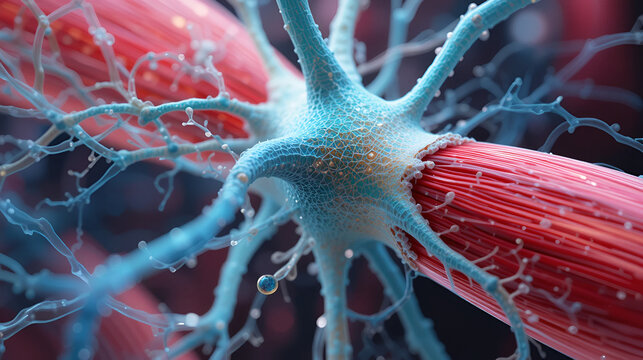 Motor neuron connecting to muscle fiber, 3D illustration