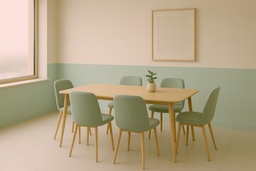 Fototapeta premium A minimalist dining room scene, with a wooden table and chairs creating a serene, inviting space. The natural light streams through the window, highlighting the clean lines and peaceful ambiance.