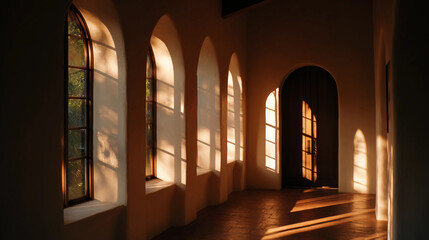 Fototapeta premium Sunlight beaming through arched hallway windows, spiritual ambiance