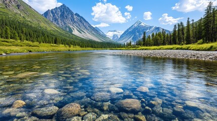 Clear river with rocky bottom, surrounded by pine forests and tall, snow-capped mountains under a blue sky with scattered clouds.