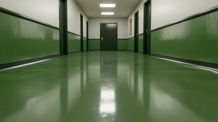 Obraz premium Long Green Hallway Interior Design Showing Reflective Floor and Doors
