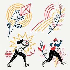 Colorful abstract illustrations set, isolated cutouts, transparent background