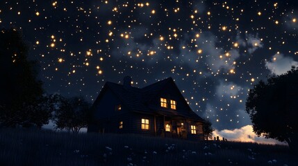 Fototapeta premium A rural farmhouse with a sky full of stars above the roof