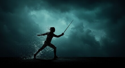 Ephemeral duel: Fencer dissolving into shimmering water droplets against tempestuous sky