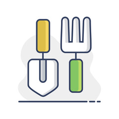 Gardening tools set icon. Shovel, pitchfork, rake.