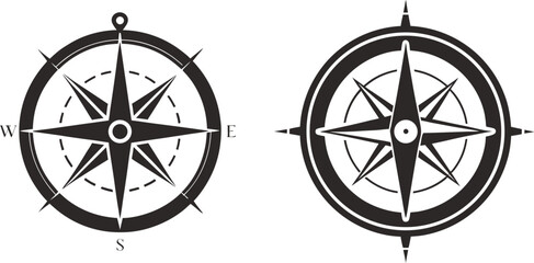 Compass rose designs navigation symbols travel direction guidance wayfinding, A pair of graphic compass rose illustrations representing direction and navigation vector illustration symbol