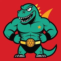 Wrestler dinosaur mascot with championship belt and muscular build vector illustration