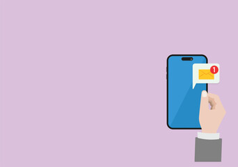 Mobile phone with a bell notification. Human hand hold mobile phone .Reminder on smartphone screen New message notification. 