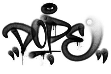 Bold black graffiti tag “Dope” with expressive handstyle lettering, created using aerosol spray paint. Perfect for urban, street art, youth culture, and edgy design projects. © dirtyfellas