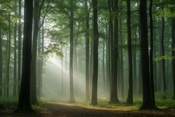 On a foggy morning, a dense forest reveals soft light piercing through the tall trees. The ethereal atmosphere invites tranquility and reflection. Nature thrives in this quiet moment