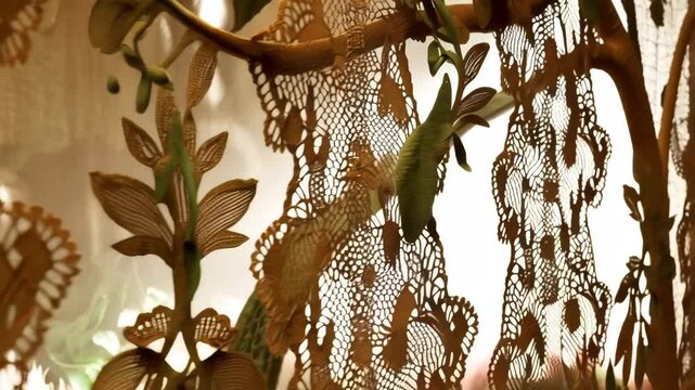 Intricate openwork textile and organic plant material interweave, forming a complex, layered visual with textured patterns and soft, diffused light.