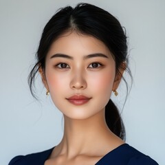Naklejka premium Studio portrait of a young asian woman with natural makeup and a ponytail, wearing a navy blue dress