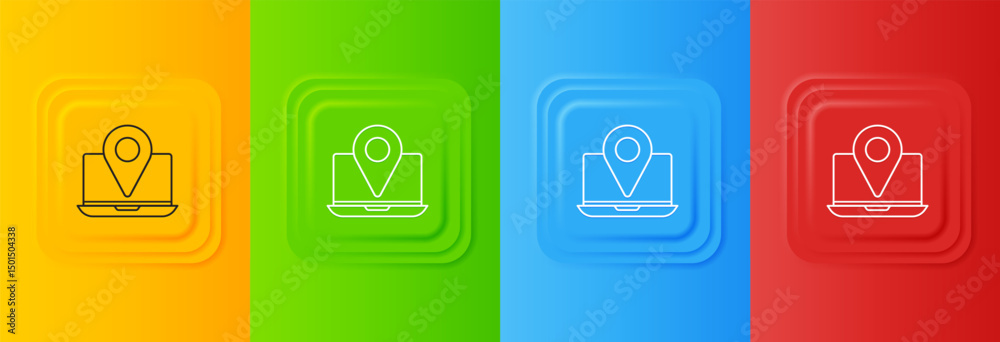 Poster white laptop with location marker icon isolated on colorful background. set icons in square buttons.