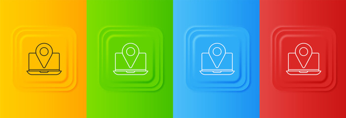 White Laptop with location marker icon isolated on colorful background. Set icons in square buttons. Vector