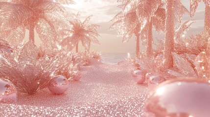 Fototapeta premium Pink paradise pathway, with glistening palm trees and orbs