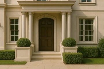 Fototapeta premium Elegant Entrance of a Luxurious Home with a Classic Architecture. The entrance is framed by majestic columns, complemented by lush greenery and the polished surface. 