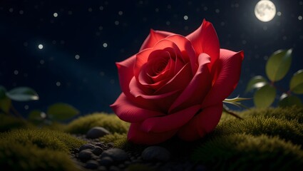 A vibrant red rose at night, bathed in moonlight.