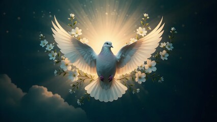 Fototapeta premium Majestic White Dove with Spring Blossoms, Symbol of Peace and Hope