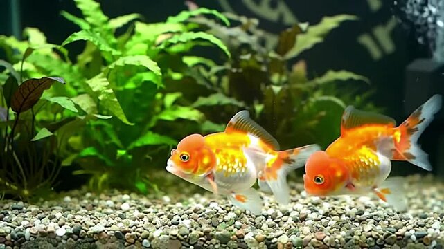 Calico Ryukin Goldfish Pair Swimming in Planted Aquarium 4K