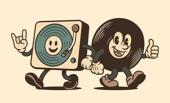 Funny cool characters of vinyl record and player. Vintage Design for your Stickers, posters, prints. Retro cartoon style. Vector illustration of vinyl record and player.
