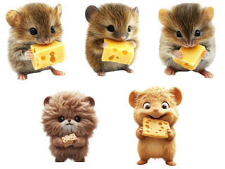 Adorable mice holding cheese in cute poses, on transparent background