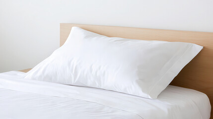 Soft, white pillow rests on light wooden headboard, creating serene and inviting bedroom atmosphere