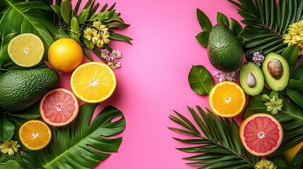 Vibrant fruit and tropical leaves arrangement