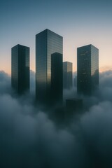 Majestic skyscrapers pierce through a sea of clouds, creating an ethereal city skyline. The imposing architecture stands as a testament to human ambition, contrasting the soft embrace of the clouds. 