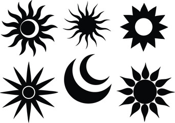 Sun icon set, Shine sun ray set, Set of black and white sun icon vector illustration