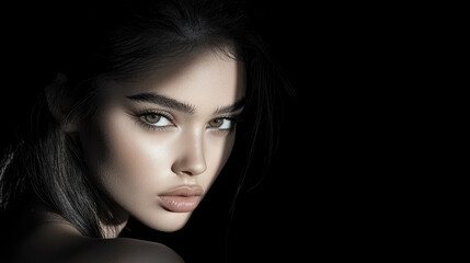 Fototapeta premium Captivating portrait of young woman with striking features, illuminated by soft light that highlights her angular eyebrows and smooth skin, creating dramatic contrast against dark background