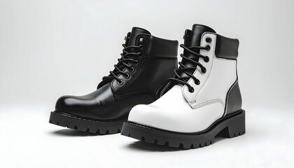 Black and White Leather Lace-Up Boots on White Background