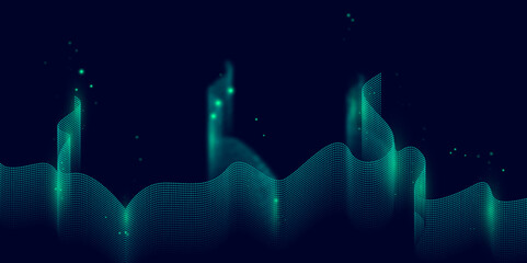 Abstract Mystical Northern Lights Aurora in Night Sky. Glowing Polar Lights over Dark Landscape. Aurora Borealis Lights in Sky, Dreamy Cosmic Light Waves. 