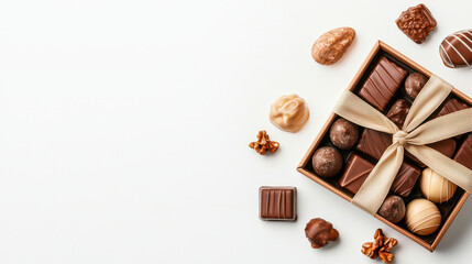 Delightful chocolate assortment in gift box tied with beige ribbon, featuring various shapes and flavors, perfect for any occasion. Indulge in this sweet treat