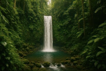 A majestic waterfall cascades gracefully into a serene pool within a dense, verdant forest, creating a symphony of nature's beauty.