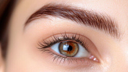 Obraz premium Close up of beautifully groomed eyebrow and eye, showcasing delicate eyebrow strokes and flawless skin. eye features captivating iris with blend of colors, enhancing overall aesthetic appeal