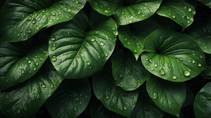 Fototapeta premium Close-up of lush green tropical leaves with water droplets, creating a fresh and vibrant natural texture. Ideal for background use, wellness themes, or eco-friendly concepts.