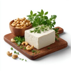 Block of tofu with cashews and herbs isolated on white background