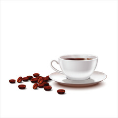 A cup of hot coffee with sprinkled coffee beans isolated on white background
