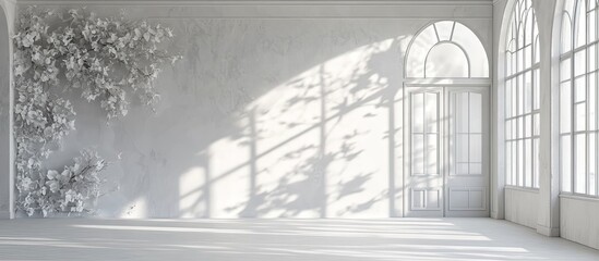 white, empty room with large windows and a door on the right side. The walls, ceiling, and floor have clean lines and are all in the same color, creating an elegant space