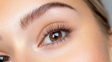 Obraz premium Close up of woman eye showcasing eyebrow symmetry and smooth, matte skin. image highlights natural beauty and detail of eyelashes and iris, creating inviting and serene expression